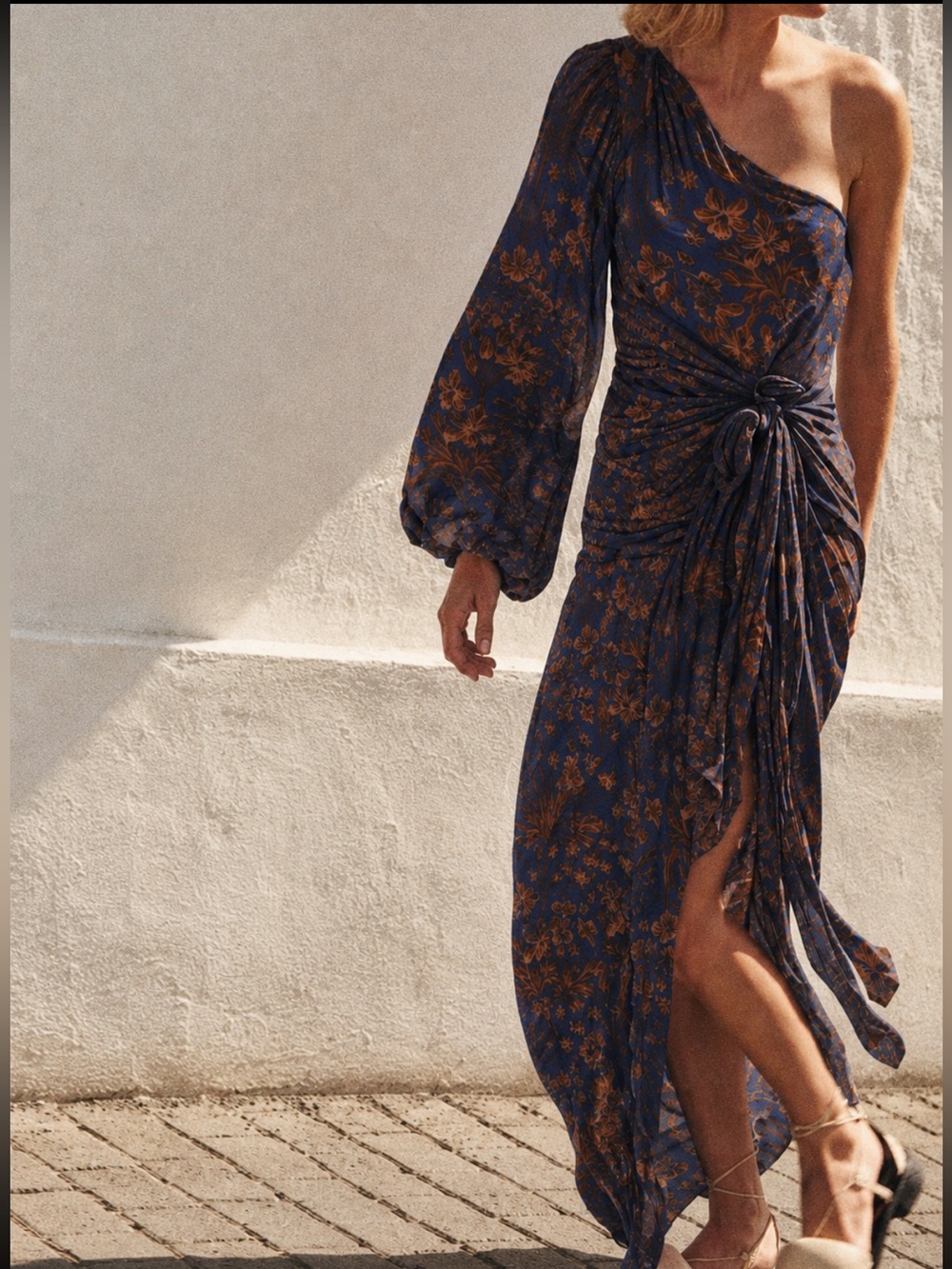 Eugenia Fernandez Dress Rabat One Shoulder Wrap Tie Maxi Satin Blue Brown Floral